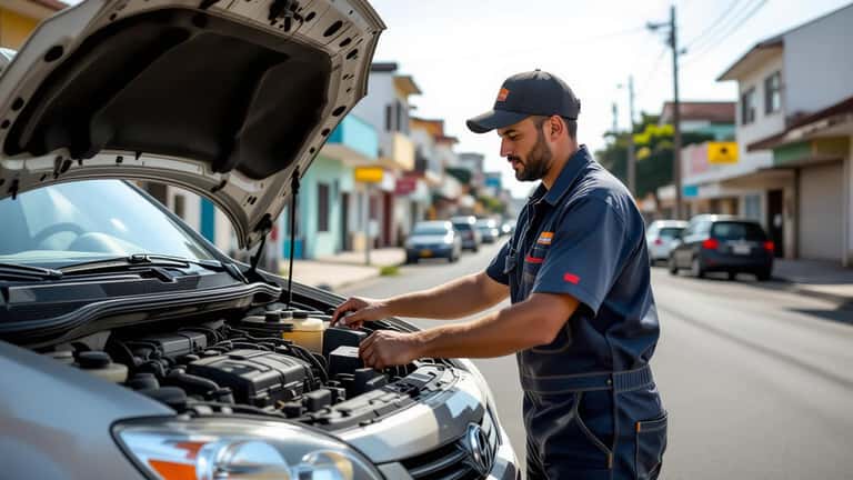 Mecânico abre capô de carro superaquecido em São Paulo durante onda de calor de agosto 2026