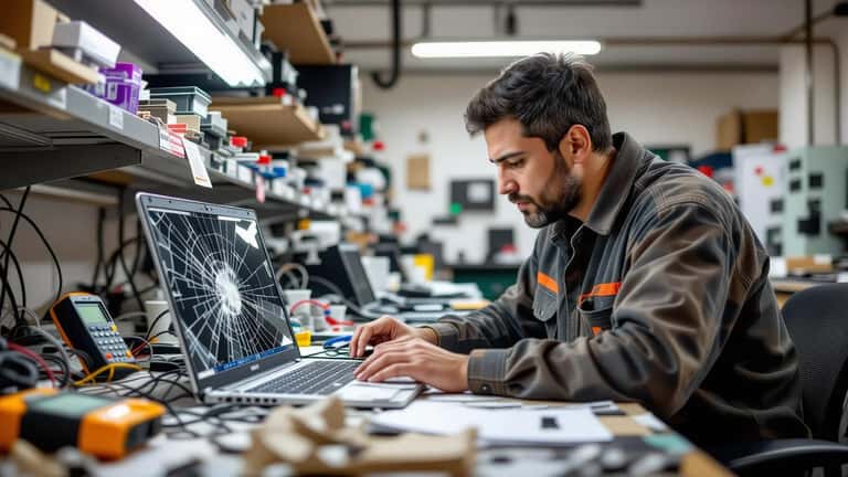 Técnico hispano diagnosticando laptop dañada después de terremoto con multímetro y herramientas en taller de electrónica, polvo de sismo sobre la mesa