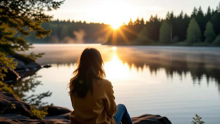 Femme seule au bord d'un lac dans la forêt boréale du Québec, attitude déterminée
