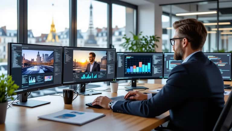 Expert informatique analysant des contenus vidéo générés par intelligence artificielle sur plusieurs écrans dans un bureau parisien