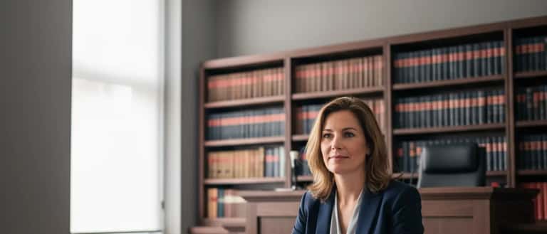 Nederlandse vrouw in advocatenpak aan bureau met juridische documenten in Amsterdams kantoor