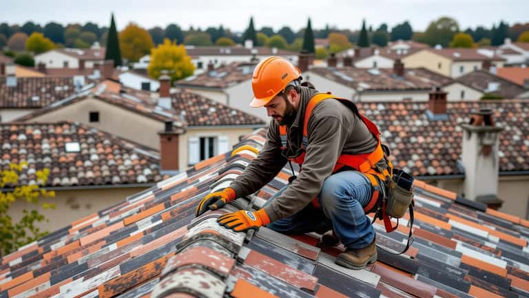 Couvreur en harnais de sécurité orange posant des tuiles sur un toit traditionnel à Bordeaux, vue grand angle sur les toits résidentiels environnants