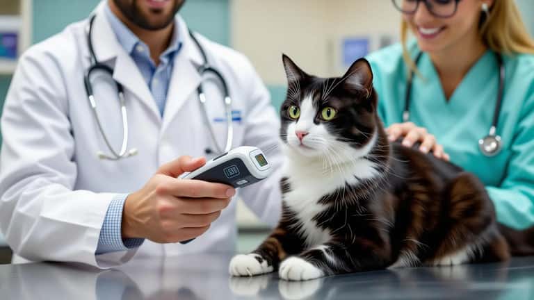 Veterinary nurse using a handheld microchip scanner on a cat at a Bristol veterinary clinic