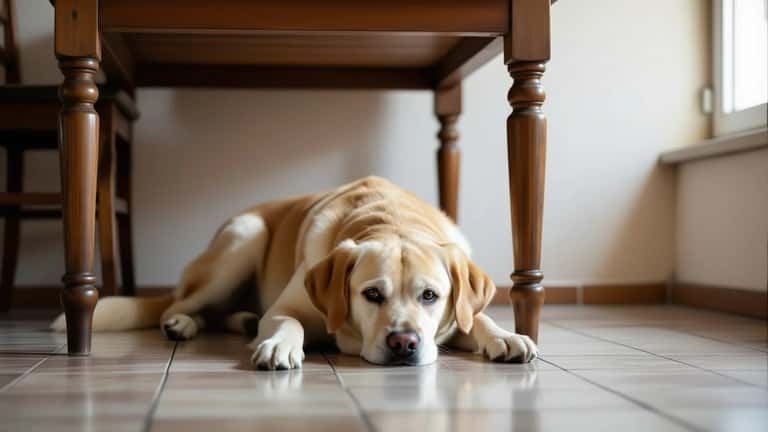 Labrador spaventato sotto il tavolo in un appartamento di Pozzuoli dopo la scossa sismica dei Campi Flegrei