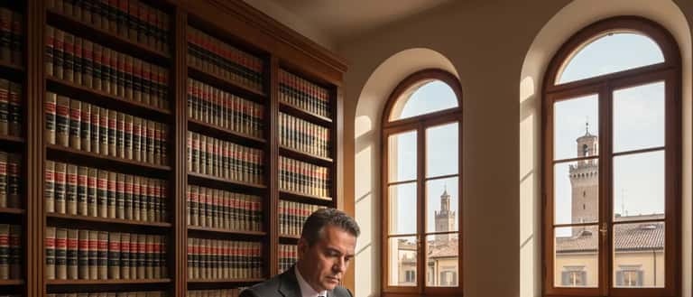 Avvocato italiano in studio legale di Bologna che esamina documenti successori