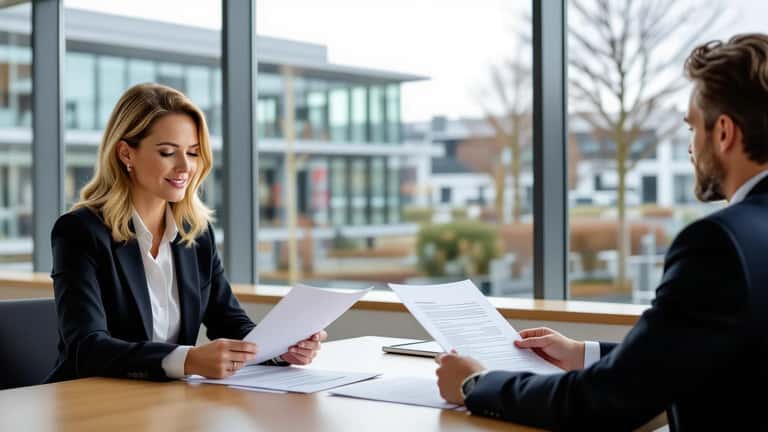 Werkneemster bespreekt haar rechten bij bedrijfsovername met HR-manager in modern kantoor in Eindhoven