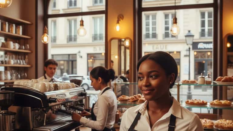 Black woman server receiving a paycheck in Tucson, Arizona diner, coworkers in background