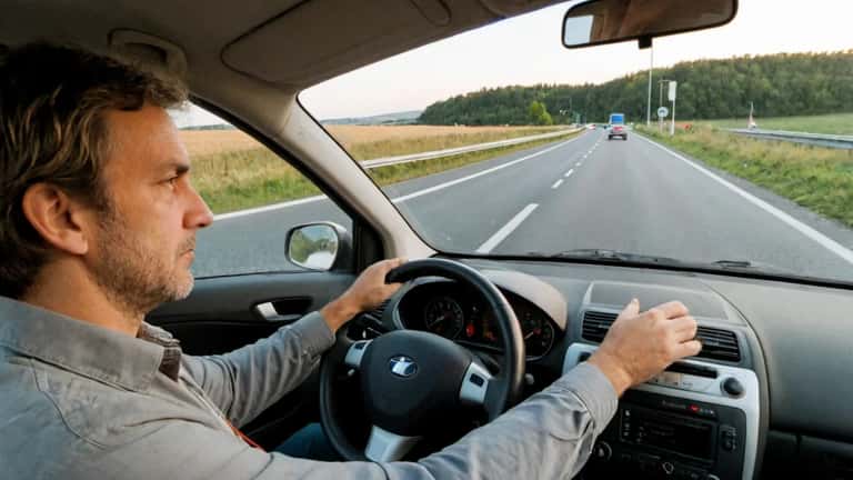 Conducteur français concentré au volant d'une voiture sur autoroute, tableau de bord visible, lumière dorée de fin d'après-midi, conduite économique