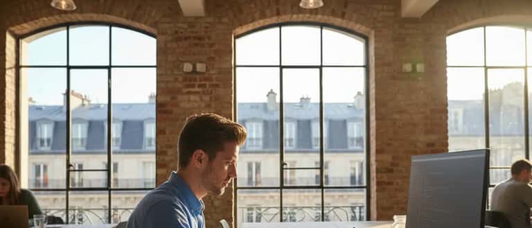 Informaticien freelance travaillant sur son ordinateur dans un espace de coworking parisien