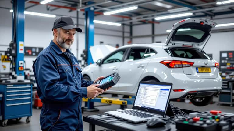 Monteur met diagnostische scanner bij elektrische auto in professionele garage