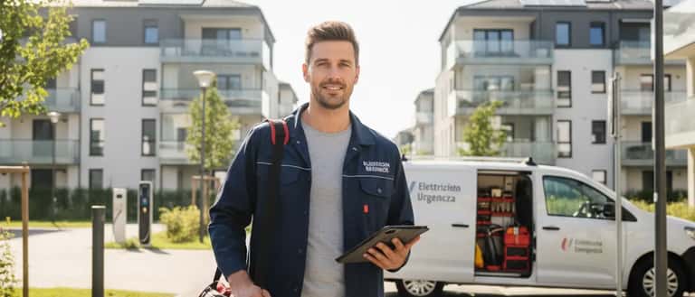 Elettricista italiano che ispeziona un quadro elettrico residenziale con una torcia in un appartamento