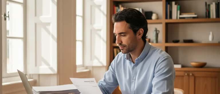 Homem português a analisar documentos fiscais numa secretária com computador portátil num escritório em Lisboa