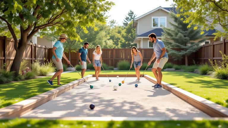 Players rolling bocce balls on a backyard court toward the pallino