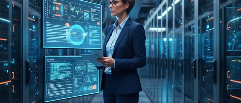 Nederlandse IT-beveiligingsspecialist in een serverruimte monitort netwerkalerts op schermen