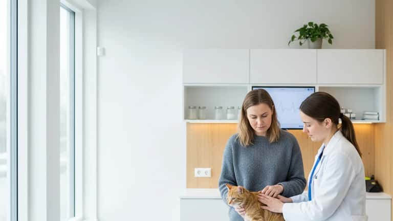 Kvinna med tabby-katt hos veterinär i en modern svensk klinik med dagsljus