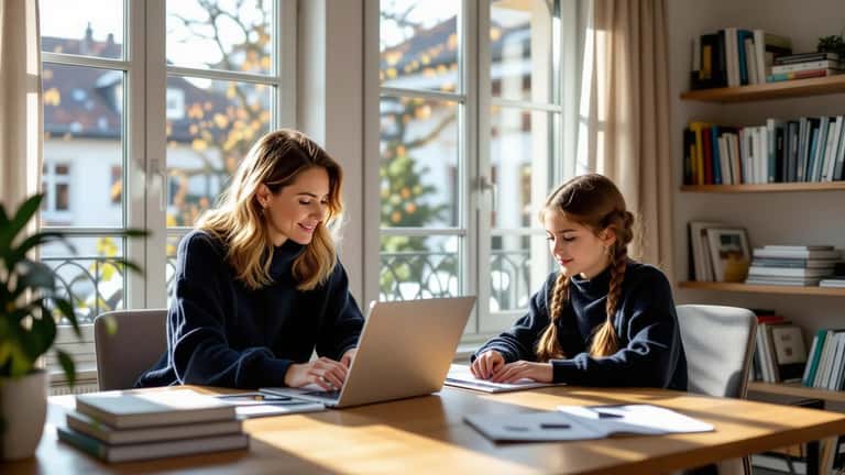 Élève de 12 ans concentrée sur ses devoirs de mathématiques dans un appartement de Lausanne