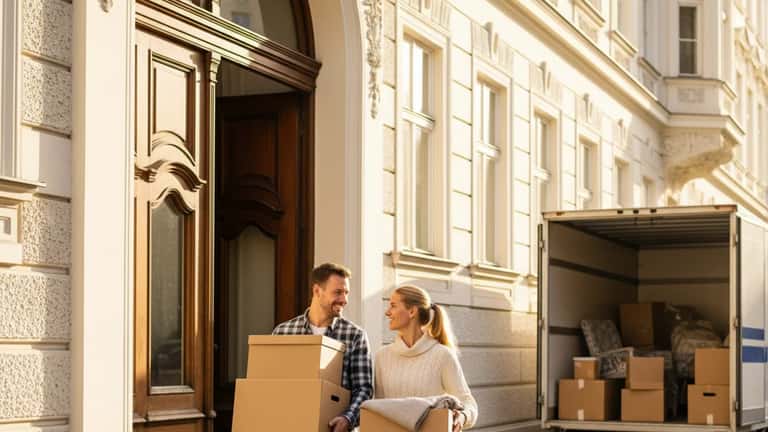 Österreichisches Paar trägt Umzugskartons in ein Wiener Altbau-Gebäude