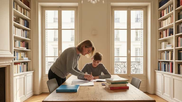 Professeure aidant un élève à faire ses devoirs dans un appartement parisien éclairé par la lumière dorée de l'après-midi