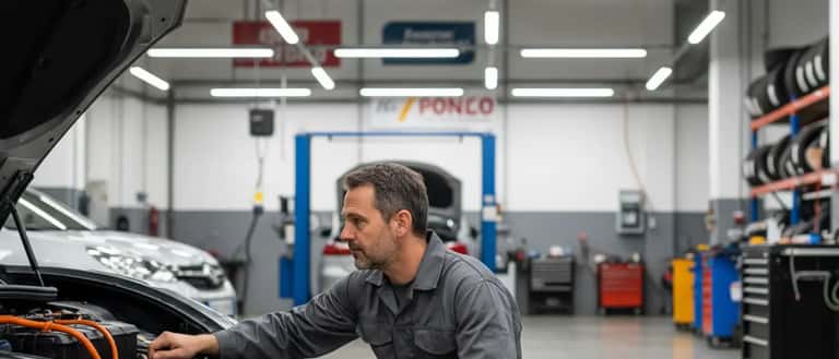 Meccanico italiano esamina veicolo elettrico in officina a Milano nel 2026