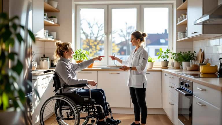 Suomalainen nainen pyörätuolissa osoittaa kaappiin Espoon asunnossa, henkilökohtainen avustaja valmiina auttamaan