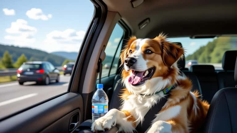 Hechelnder Hund auf der Rückbank eines im Sommerstau stehenden Autos auf der A2 Südautobahn