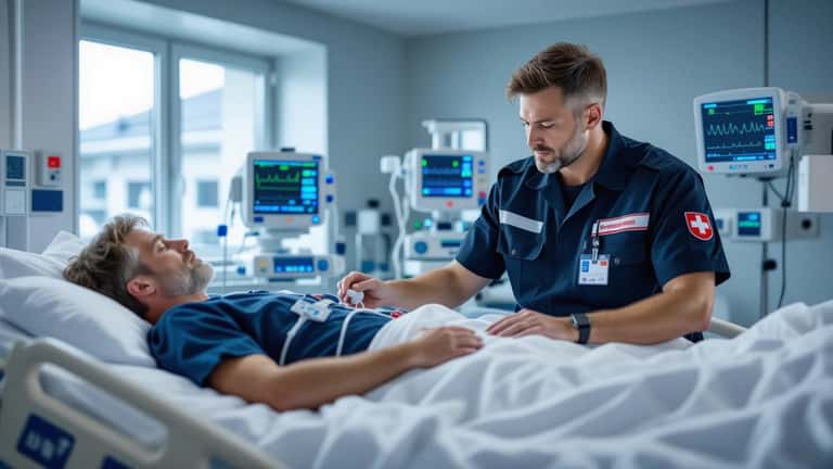 Sanitäter behandelt bewusstlosen Patienten im Notaufnahmeraum eines österreichischen Krankenhauses