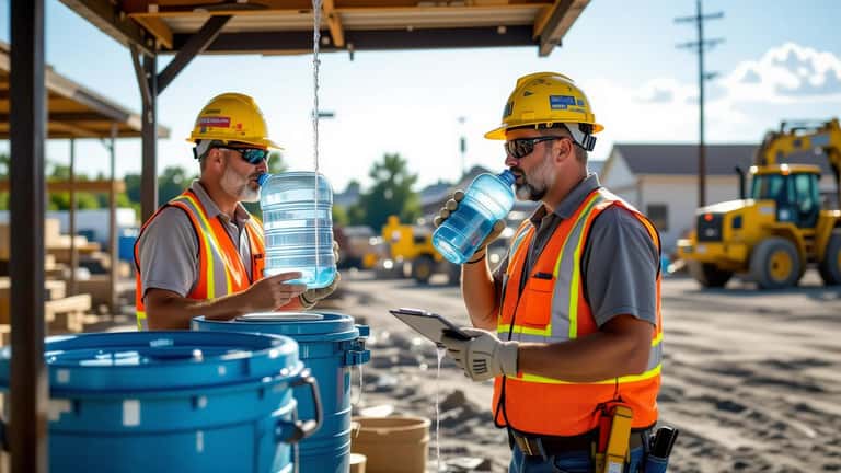 Construction worker drinking water at cooling station during heat wave with OSHA safety signage on job site