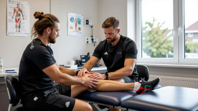 Sportarts onderzoekt de achillespees van een patiënt in een sportmedische kliniek