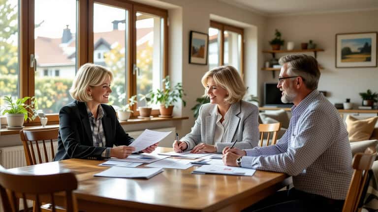 Energieberaterin und Hausbesitzer prüfen BEG-Förderunterlagen und Sanierungsplan am Esstisch in einem Stuttgarter Einfamilienhaus
