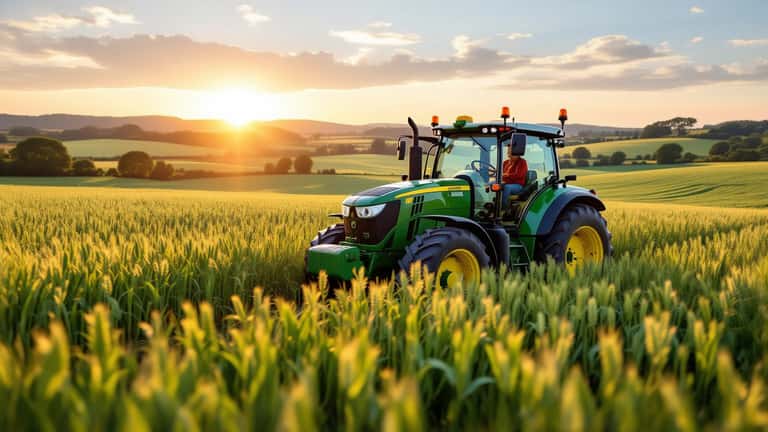 Tracteur moderne roulant dans les champs verdoyants de la ferme Diddly Squat au coucher du soleil