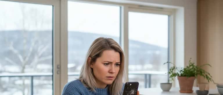 Ung norsk kvinne ser bekymret på en iPhone med knust skjerm ved kjøkkenbordet i en moderne norsk leilighet