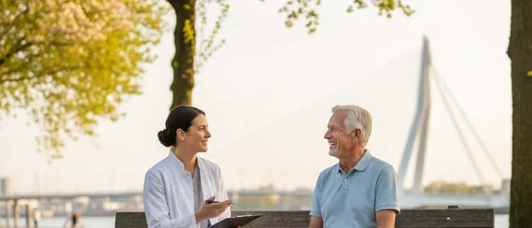 Vitale oudere Nederlandse man spreekt met fysiotherapeut in Rotterdams park