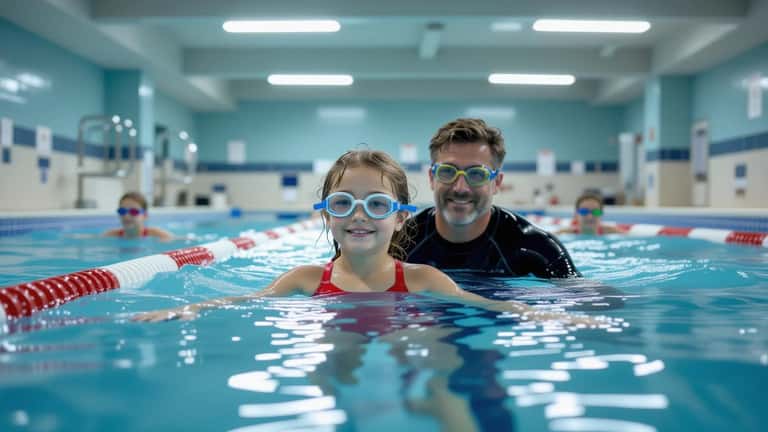 Enfant apprenant à nager avec un moniteur dans une piscine communautaire de West Kelowna, Colombie-Britannique