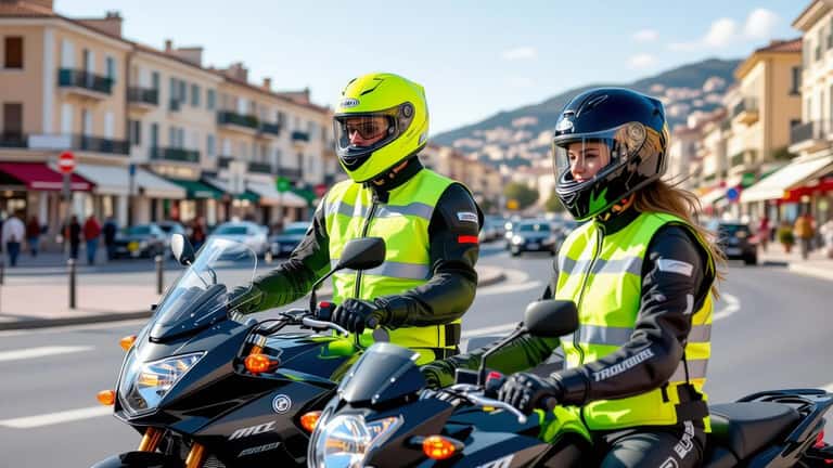 Moniteur moto en gilet jaune expliquant les épreuves du plateau à une jeune motarde en tenue de protection à Marseille