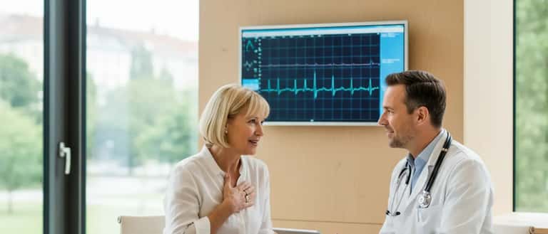 Frau über 50 beim Kardiologen in moderner Arztpraxis, EKG-Monitor im Hintergrund, Deutschland 2026