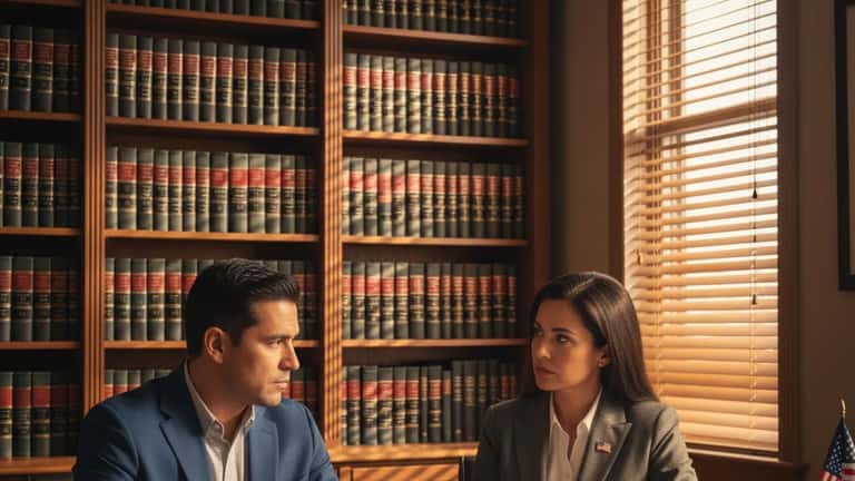 Hombre latino de 40 años con abogado en consulta legal en oficina de Los Ángeles, luz de tarde cálida