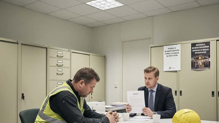 Dansk bygningsarbejder og HR-chef i Viborg ved opsigelsesmøde i kontor med fluorescerende belysning