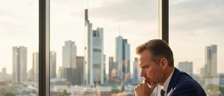 Mann im Anzug analysiert BASF-Börsenkurse auf Laptop in modernem Frankfurter Büro