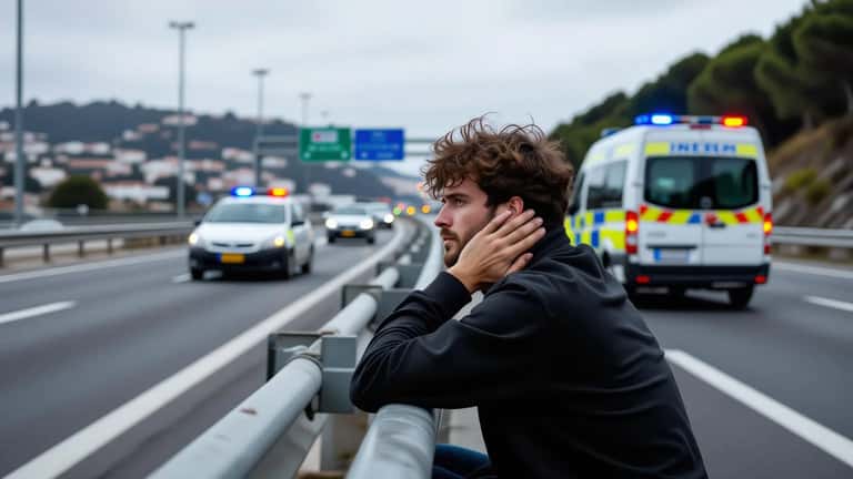 Homem a segurar o pescoço junto a acidente na A5, com ambulância INEM ao fundo