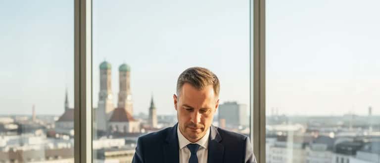 Deutscher Manager prüft Arbeitsvertrag in Münchner Büro