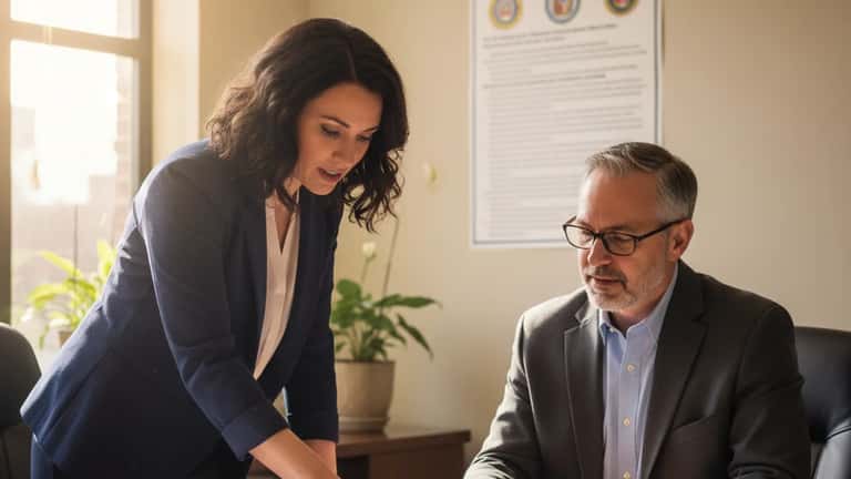 Employee and HR manager reviewing final paycheck documents in a Springfield Missouri office with DOLIR poster on wall