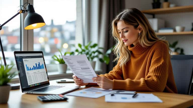 Lönespecialist i Göteborg jämför lönebesked med lönekalkyl på laptop inför revisionsdatumet
