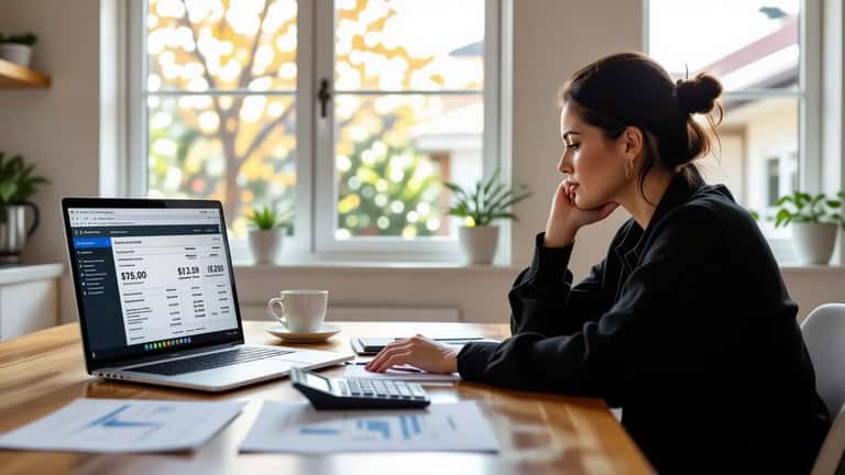 Worried Australian taxpayer looking at an ATO tax bill on a laptop at a kitchen table
