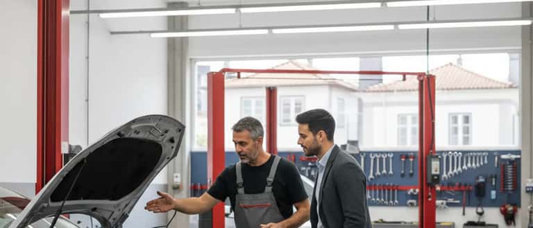 Mecânico português a explicar sistema elétrico de automóvel em oficina no Porto