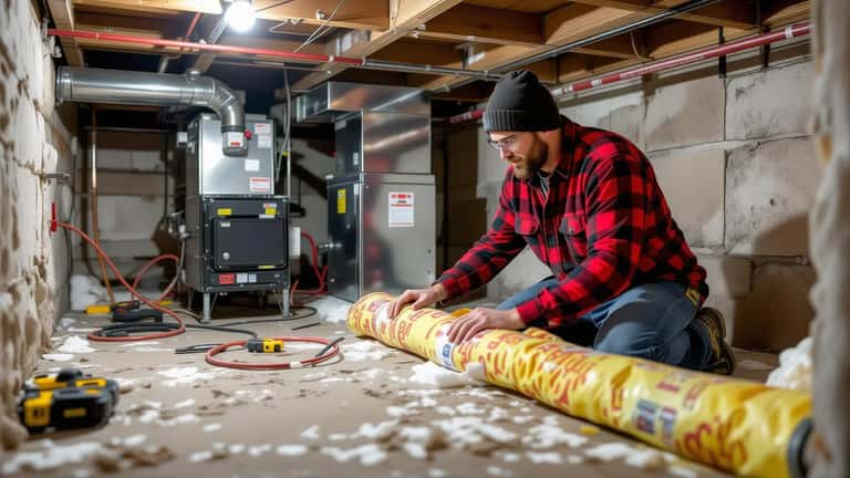 Homeowner wrapping pipe insulation in a basement to prepare for winter 2026-2027