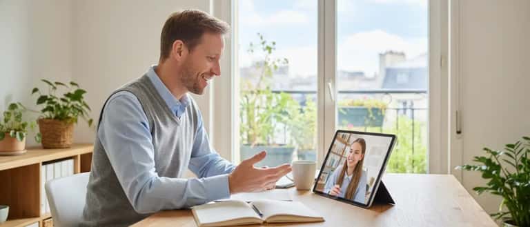 British teenager wearing headphones studying at a laptop during an online tutoring video lesson