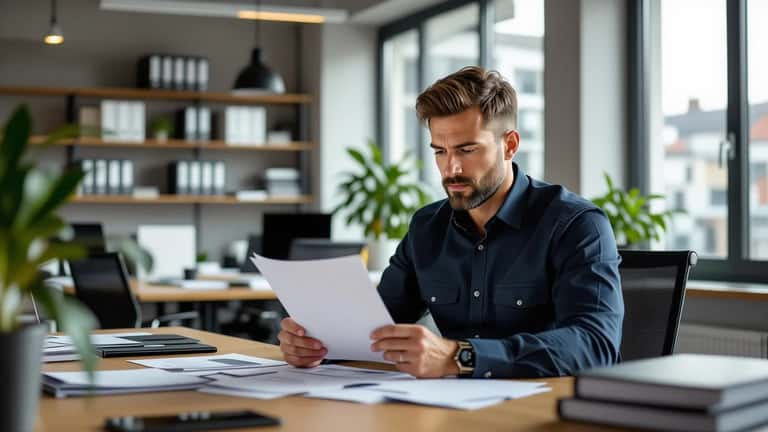Trabalhador português em escritório no Porto a ler uma nota de culpa com expressão preocupada
