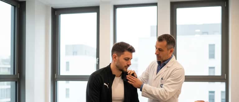 Medico dello sport italiano visita la spalla di un portiere di calcio in uno studio sportivo a Milano