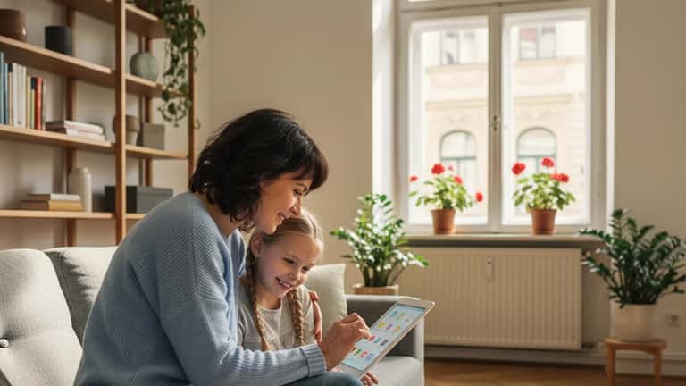 Österreichische Familie im Wiener Wohnzimmer, Mutter zeigt Tochter etwas auf einem Tablet-Bildschirm, entspannte familiäre Atmosphäre