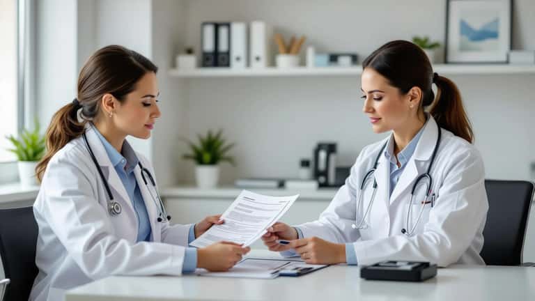 Österreichischer Hausarzt reicht Patientin einen Überweisungsschein in einer Wiener Ordination